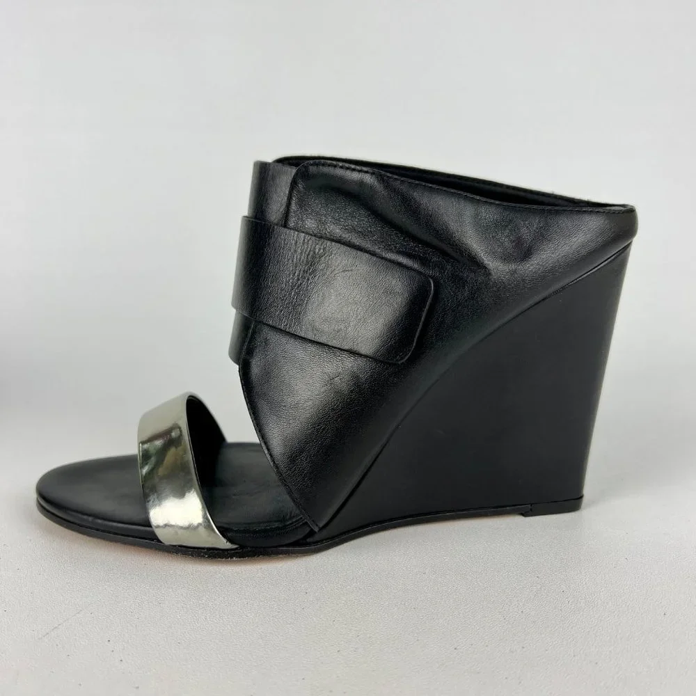 Vince Karima Wedge Mule Slide Sandals Black Leather Silver Detail size 8.5